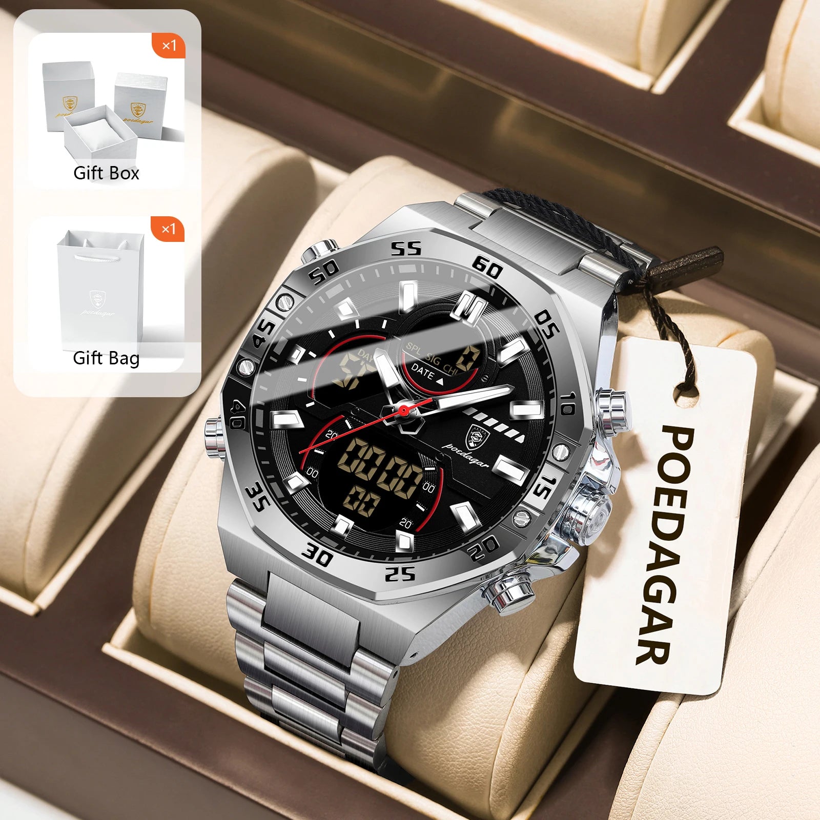 POEDAGAR Sport Men Watch LED Waterproof Week Date Digital Wristwatch Stainless Steel Quartz Military Men's Watches with Gift Box