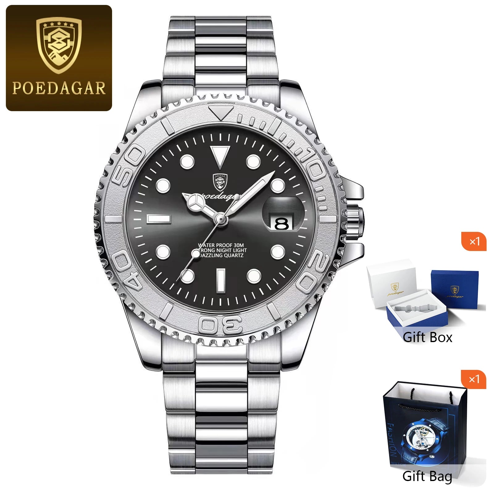 POEDAGAR Fashion Male Watch Luminous Waterproof Stainless Steel Men Wristwatch Date Business Quartz Men's Watches with Gift Box