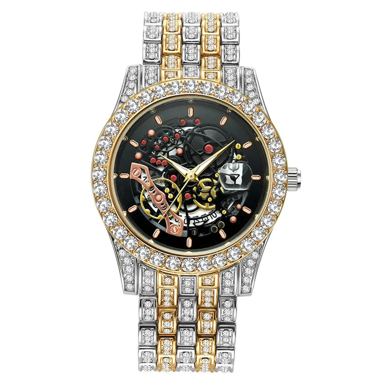 Men Big Brand Skeleton Watches Fashion Alloy Band Luxury Diamond Golden Date Quartz Vintage Watch Montres de Marque de Luxe 2024