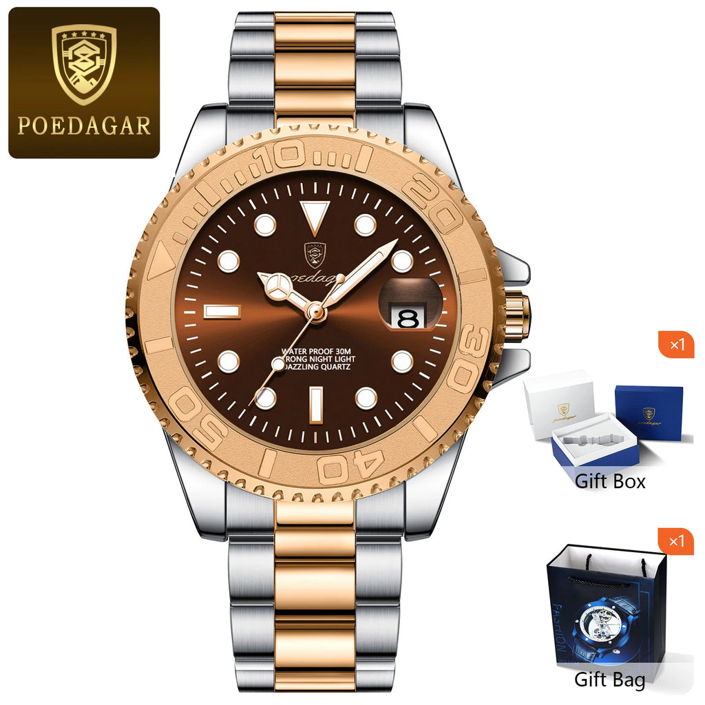 POEDAGAR Fashion Male Watch Luminous Waterproof Stainless Steel Men Wristwatch Date Business Quartz Men's Watches with Gift Box