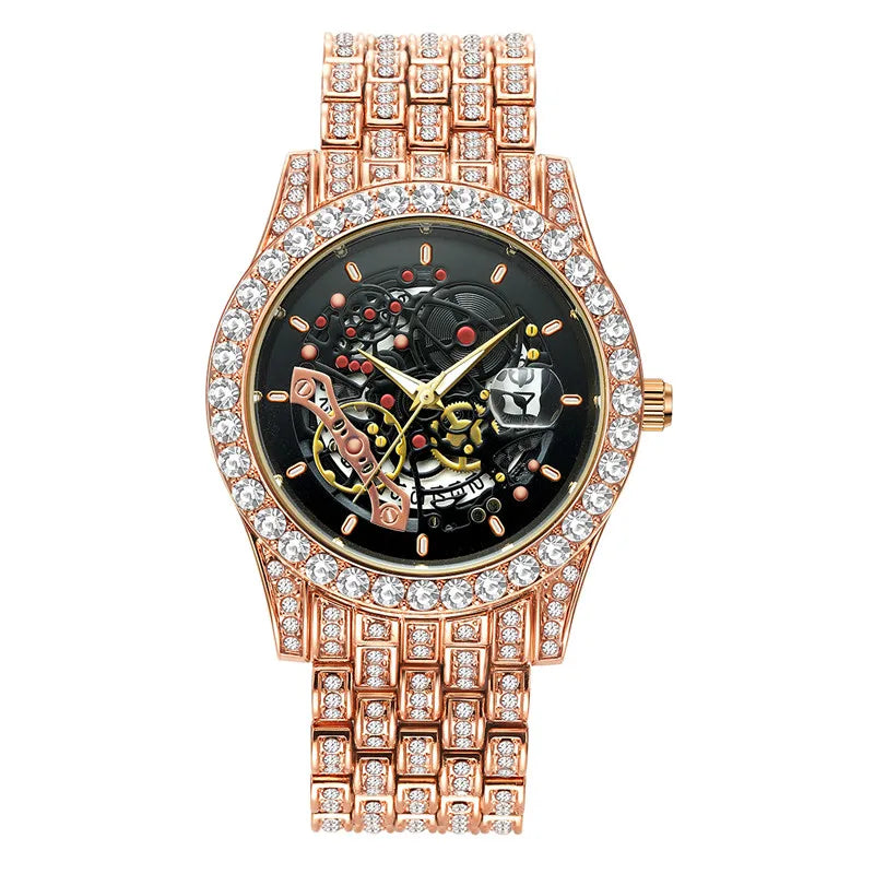 Men Big Brand Skeleton Watches Fashion Alloy Band Luxury Diamond Golden Date Quartz Vintage Watch Montres de Marque de Luxe 2024