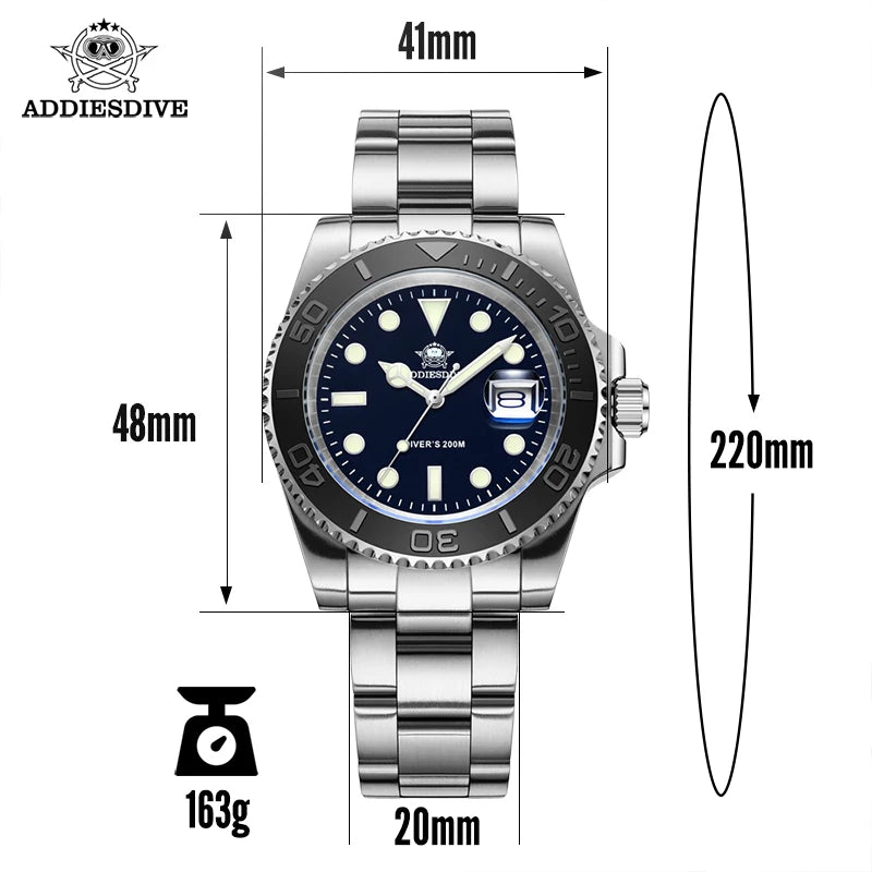 ADDIESDIVE Watch For Men Top Brand 316L Stainless Steel BGW9 Blue Luminous 20Bar Waterproof Fashion Quartz Wristwatches Gifts