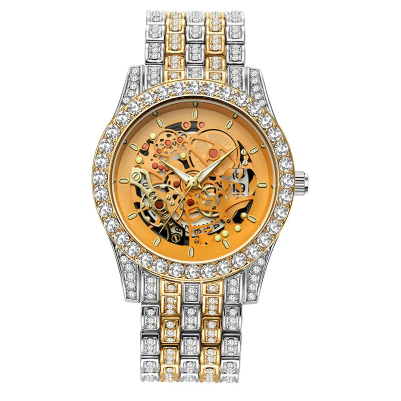 Men Big Brand Skeleton Watches Fashion Alloy Band Luxury Diamond Golden Date Quartz Vintage Watch Montres de Marque de Luxe 2024