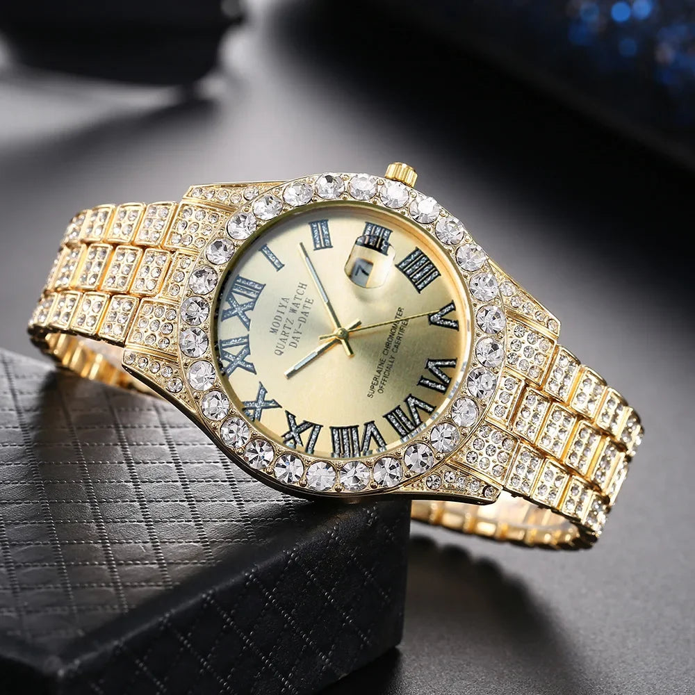 New Men Watch Full AAA Rhinestone Around Luxury Quartz Watches Round Clock Wrist Watch Gift for Boyfriend Sparkling Wristwatches