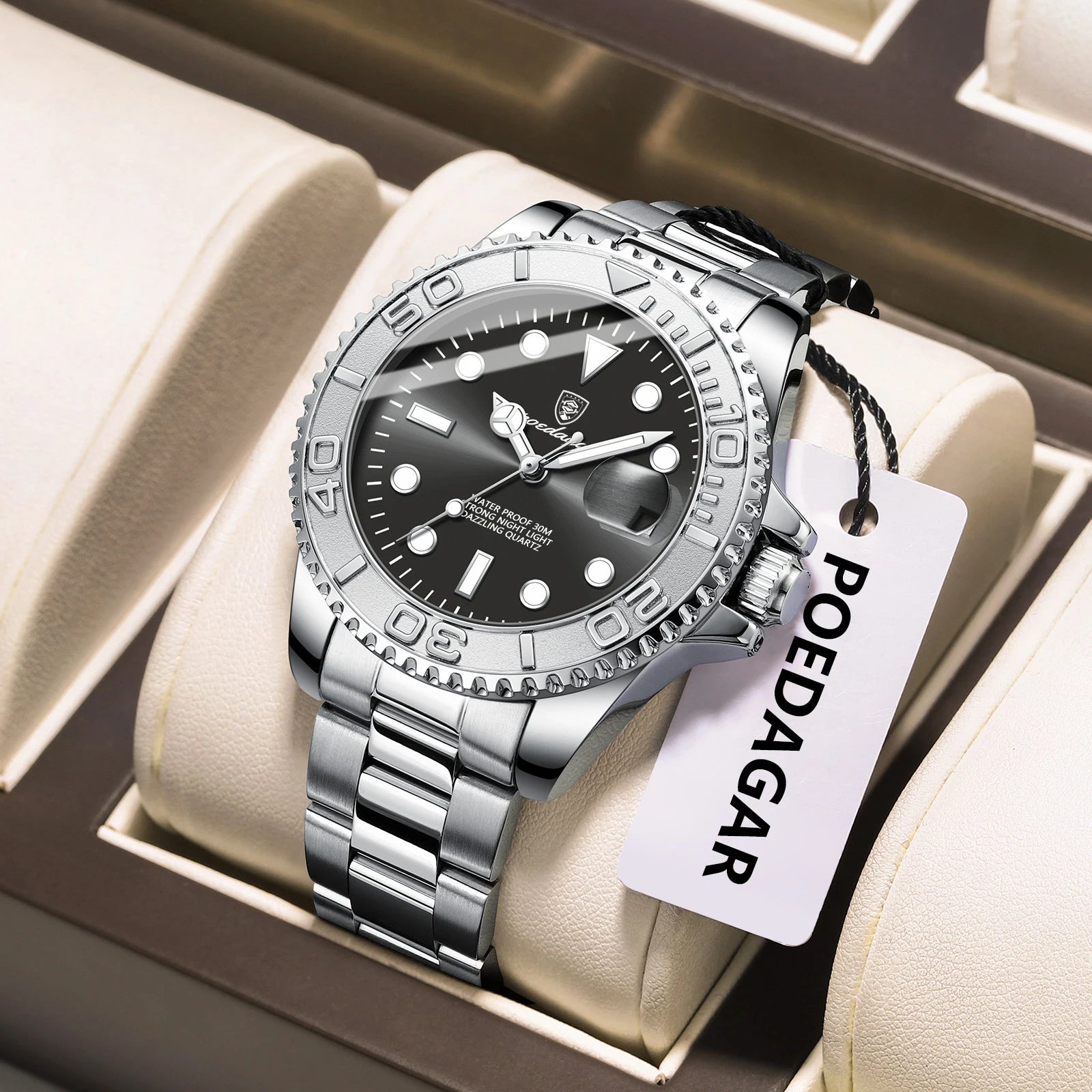 POEDAGAR Fashion Male Watch Luminous Waterproof Stainless Steel Men Wristwatch Date Business Quartz Men's Watches with Gift Box