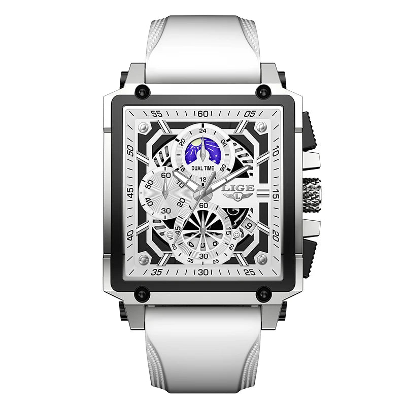 LIGE Mens Watches Brand Luxury Hollow Square Sport Watch For Men Fashion Silicone Strap Waterproof Quartz WristWatch+ Gift Box