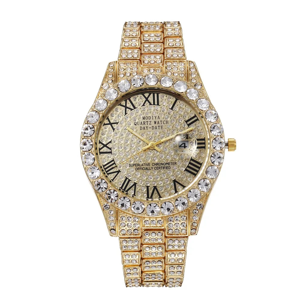 New Men Watch Full AAA Rhinestone Around Luxury Quartz Watches Round Clock Wrist Watch Gift for Boyfriend Sparkling Wristwatches