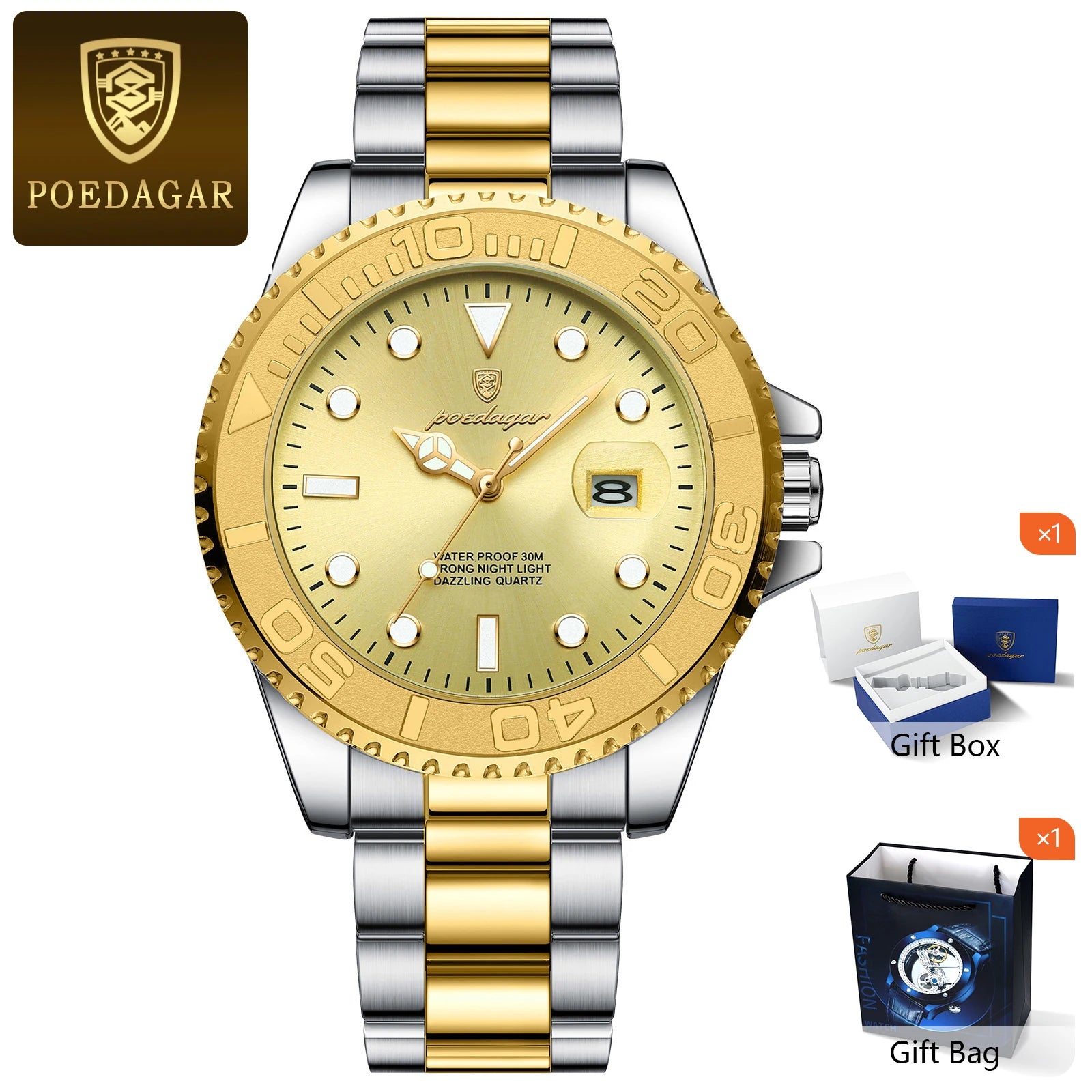 POEDAGAR Fashion Male Watch Luminous Waterproof Stainless Steel Men Wristwatch Date Business Quartz Men's Watches with Gift Box