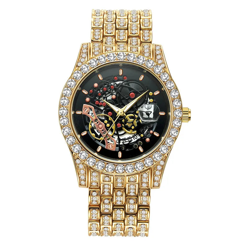 Men Big Brand Skeleton Watches Fashion Alloy Band Luxury Diamond Golden Date Quartz Vintage Watch Montres de Marque de Luxe 2024