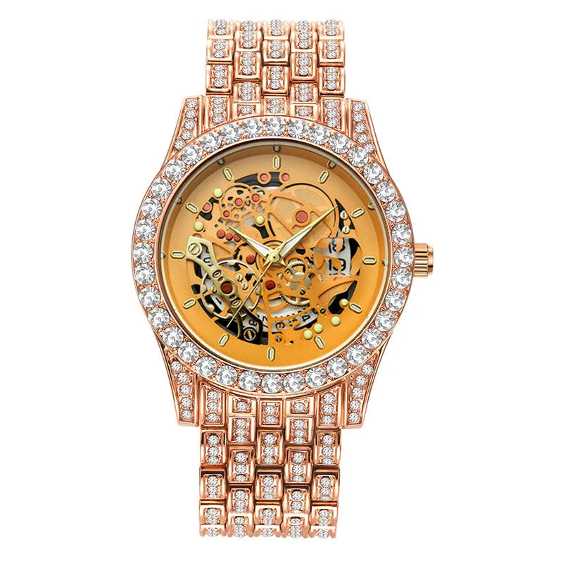 Men Big Brand Skeleton Watches Fashion Alloy Band Luxury Diamond Golden Date Quartz Vintage Watch Montres de Marque de Luxe 2024