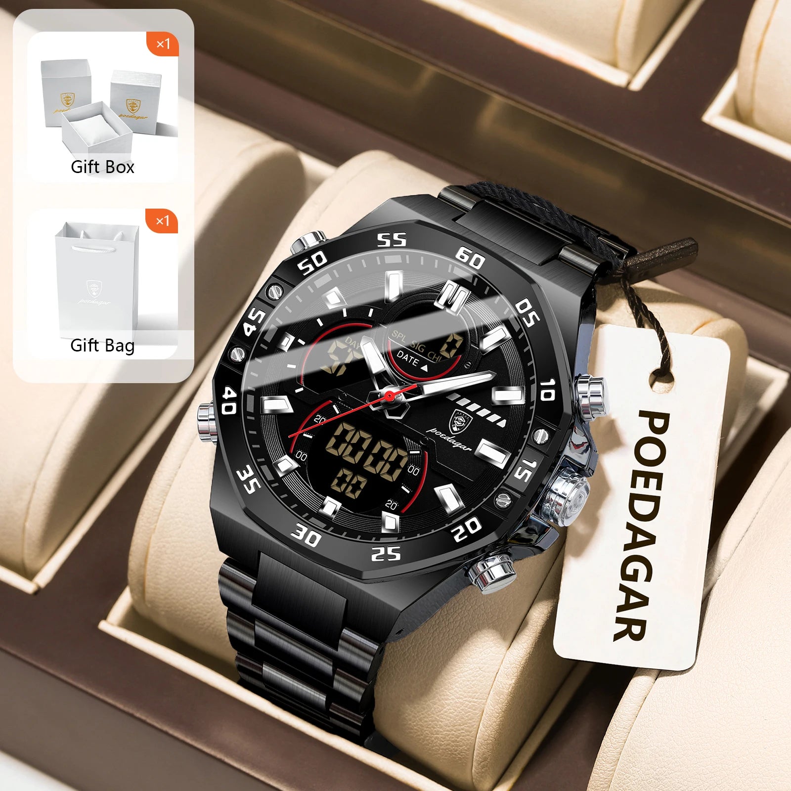 POEDAGAR Sport Men Watch LED Waterproof Week Date Digital Wristwatch Stainless Steel Quartz Military Men's Watches with Gift Box