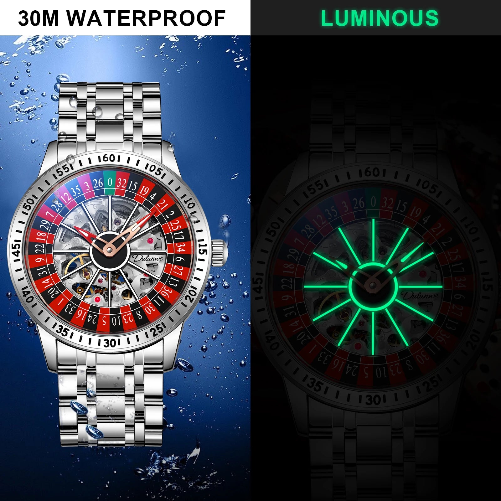 Dulunwe Roulette Automatic Mechanical Watch High quality brand 30M Waterproof Casual Fashion Watch For Men