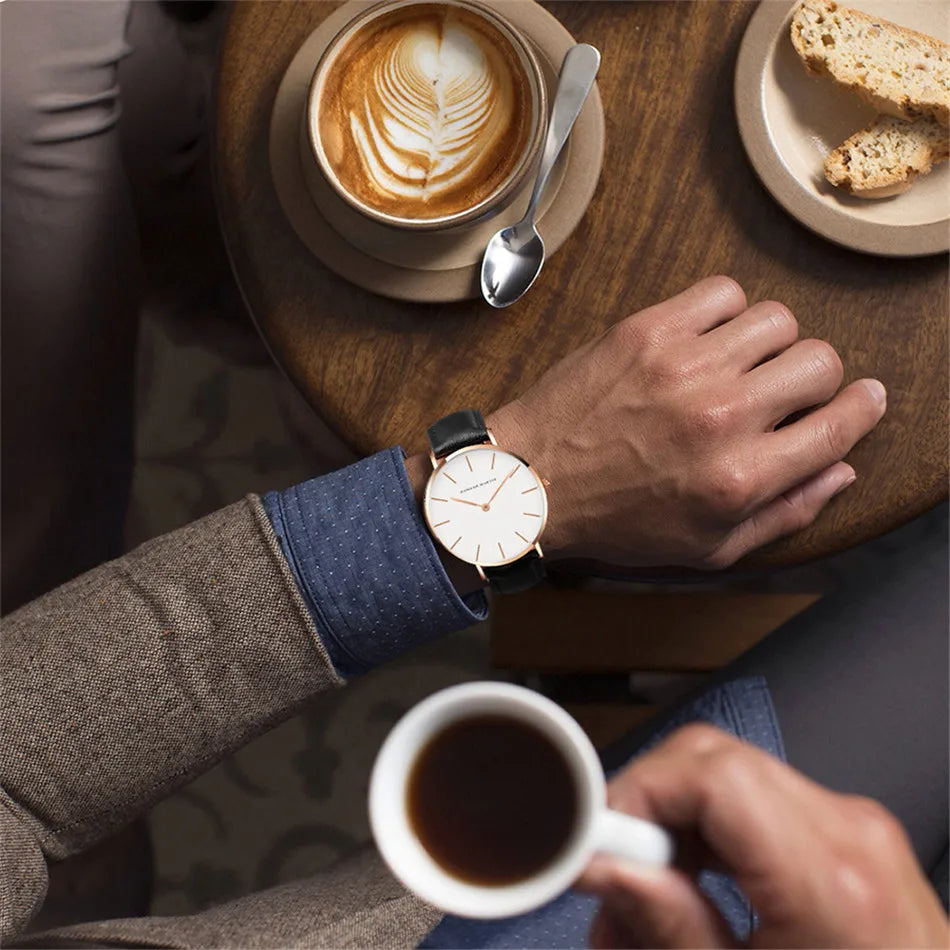 High Quality Rose Gold Dial Watch Men Leather Waterproof Wristwatch Women Dress Fashion Japan Quartz Movement Saat