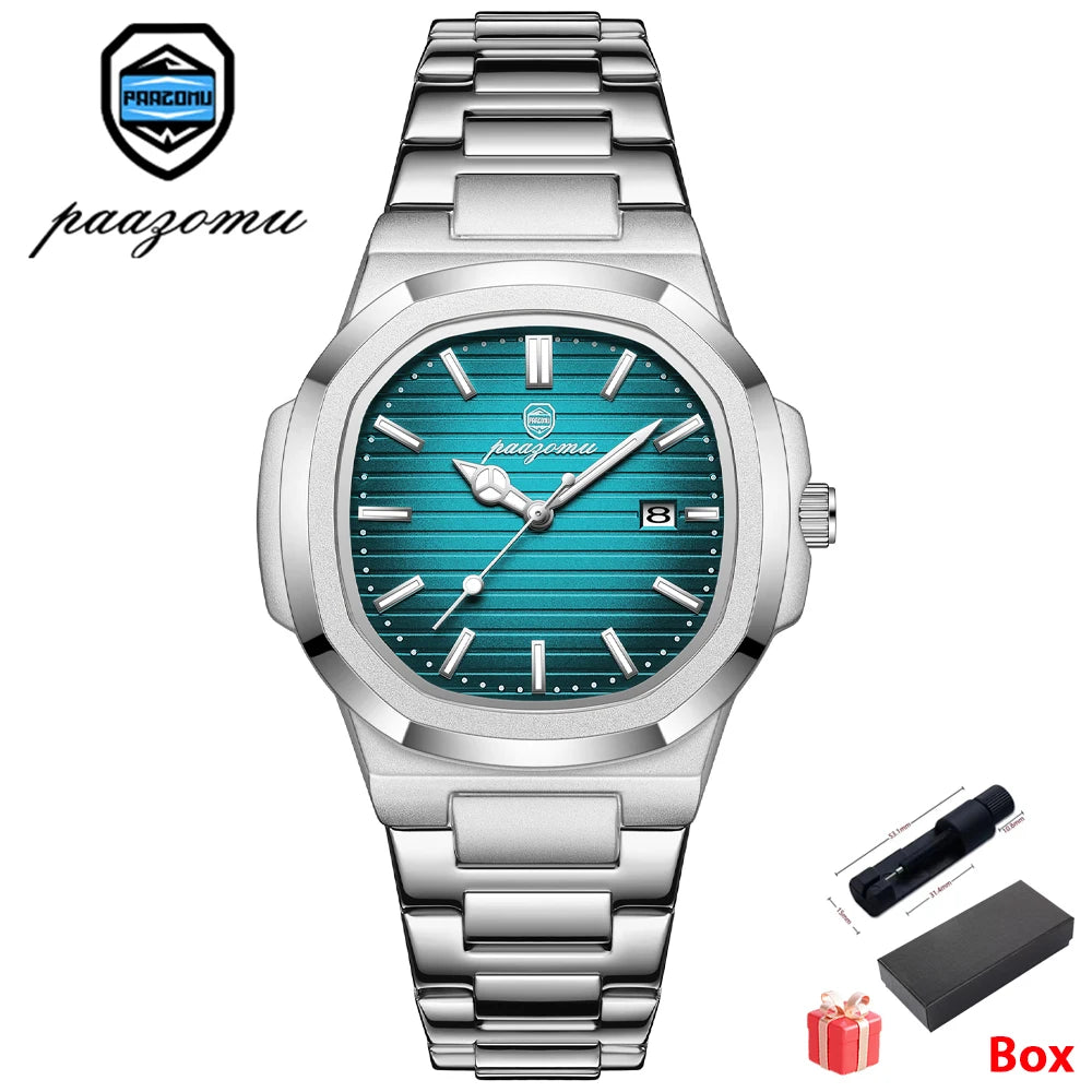 PAAZOMU Casual Quartz Man Wristwatch Creative Square Steel Date Chronograph Men's Watch Sports Waterproof Luminous Watch For Men