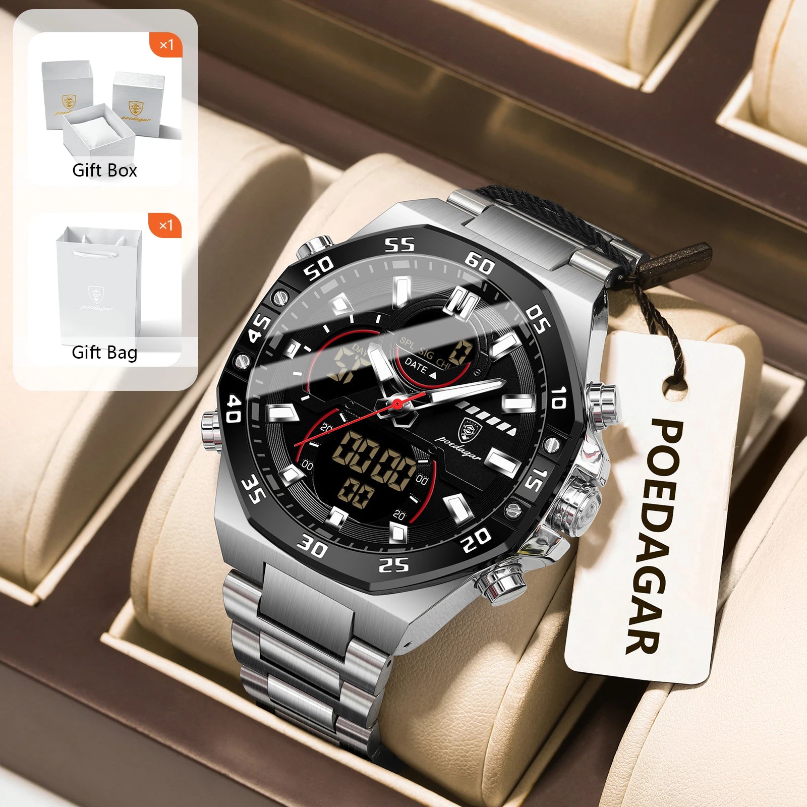 POEDAGAR Sport Men Watch LED Waterproof Week Date Digital Wristwatch Stainless Steel Quartz Military Men's Watches with Gift Box