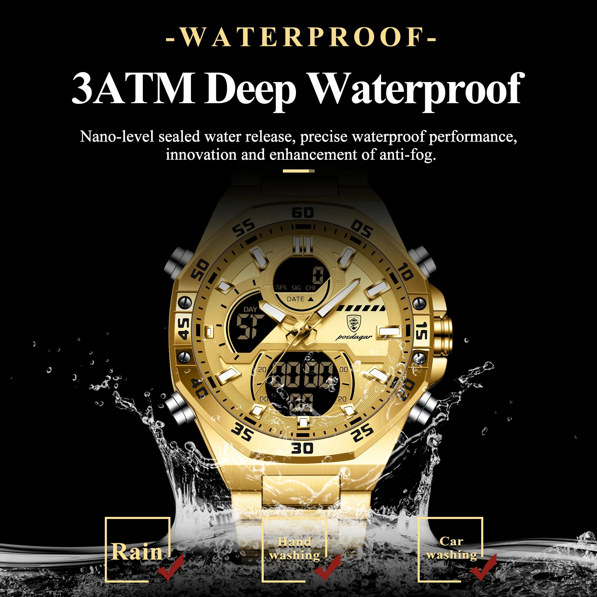 POEDAGAR Sport Men Watch LED Waterproof Week Date Digital Wristwatch Stainless Steel Quartz Military Men's Watches with Gift Box