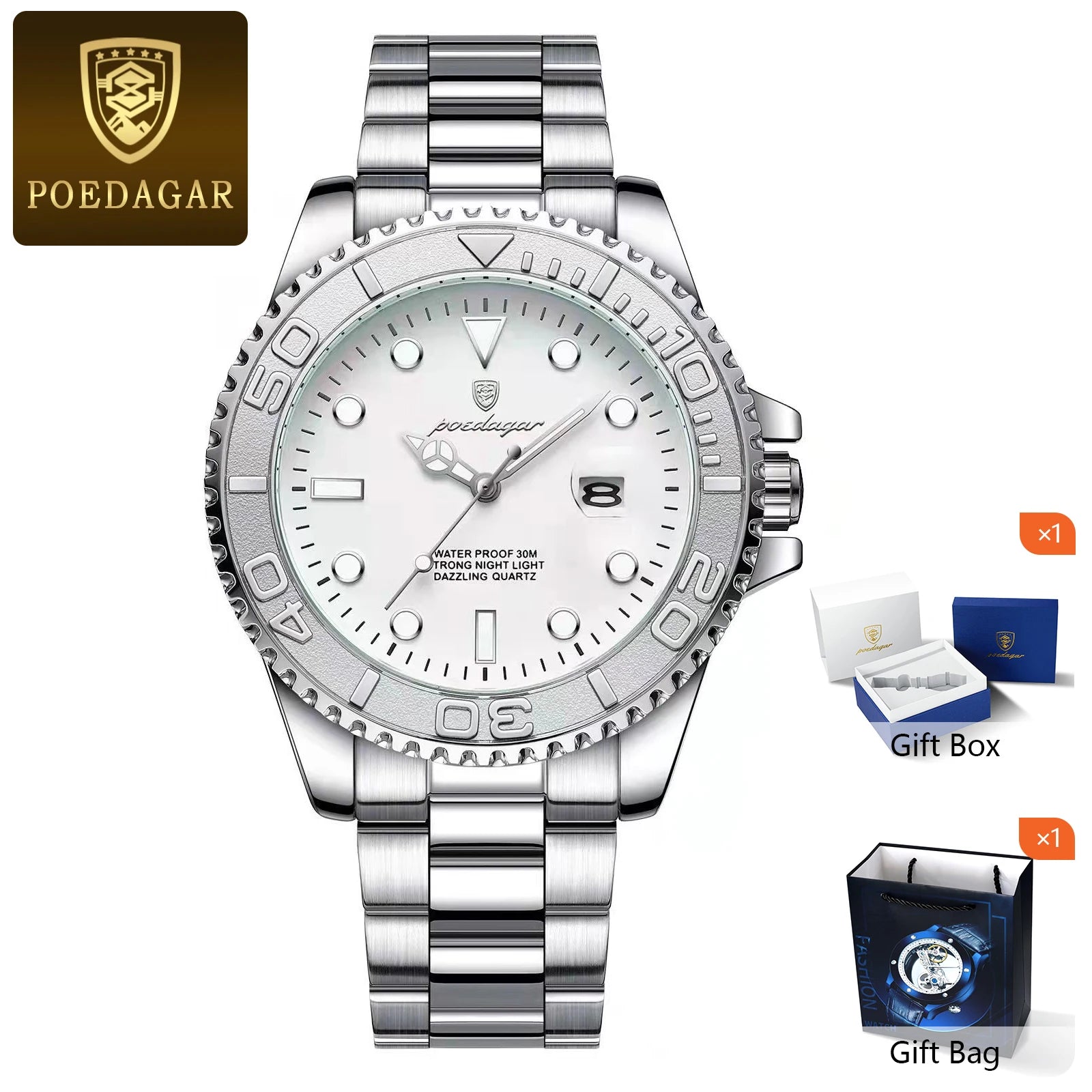 POEDAGAR Fashion Male Watch Luminous Waterproof Stainless Steel Men Wristwatch Date Business Quartz Men's Watches with Gift Box