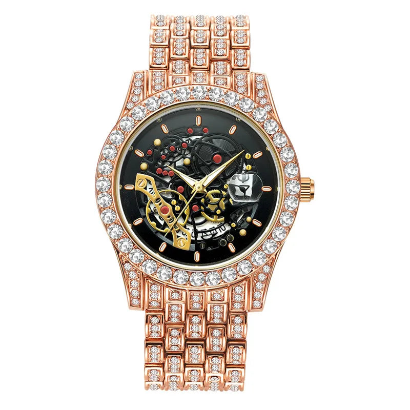 Men Big Brand Skeleton Watches Fashion Alloy Band Luxury Diamond Golden Date Quartz Vintage Watch Montres de Marque de Luxe 2024