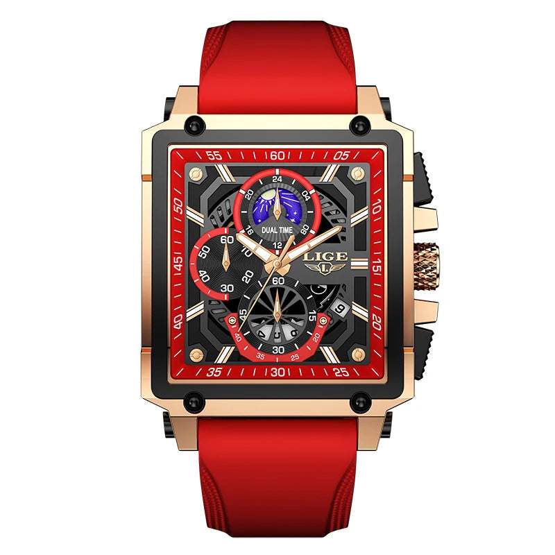LIGE Mens Watches Brand Luxury Hollow Square Sport Watch For Men Fashion Silicone Strap Waterproof Quartz WristWatch+ Gift Box