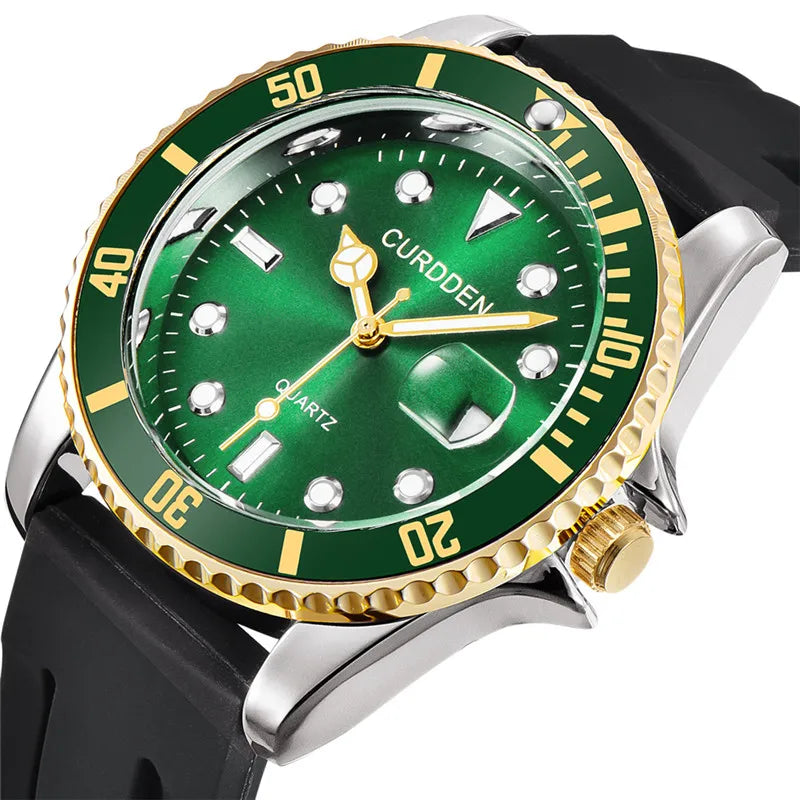 Men Genuine CURDDEN Brand Watches Students Fashion Casual Silicone Band Date Quartz Wrist Watch Green Montres de Marque de Luxe