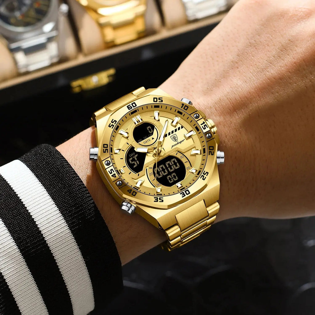 POEDAGAR Sport Men Watch LED Waterproof Week Date Digital Wristwatch Stainless Steel Quartz Military Men's Watches with Gift Box