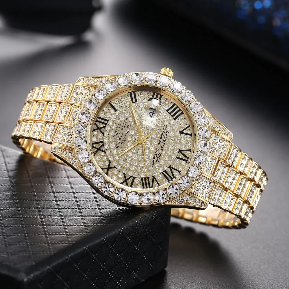 New Men Watch Full AAA Rhinestone Around Luxury Quartz Watches Round Clock Wrist Watch Gift for Boyfriend Sparkling Wristwatches