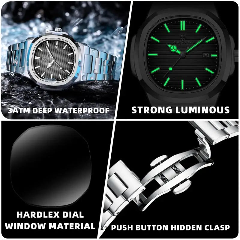 PAAZOMU Casual Quartz Man Wristwatch Creative Square Steel Date Chronograph Men's Watch Sports Waterproof Luminous Watch For Men