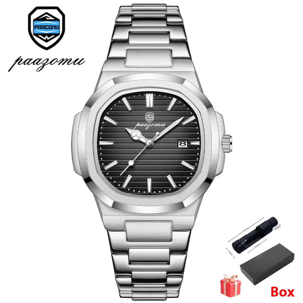 PAAZOMU Casual Quartz Man Wristwatch Creative Square Steel Date Chronograph Men's Watch Sports Waterproof Luminous Watch For Men