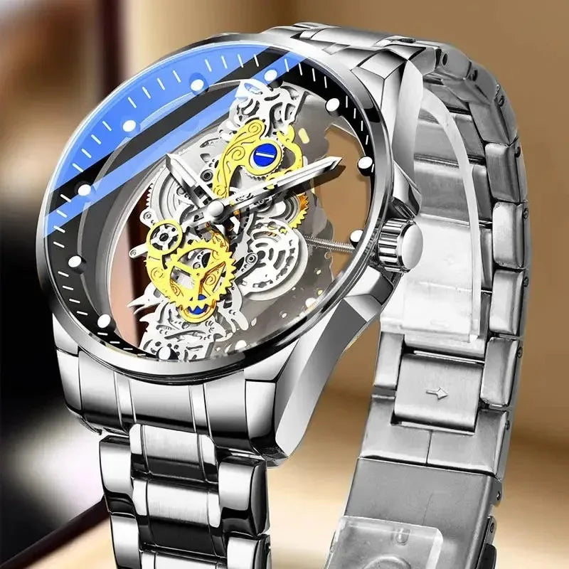 2025 Luxury Business Sliver Skeleton Automatic Mens Watches High-level Stainless Steel Casual Quartz Wrist Watches for Male