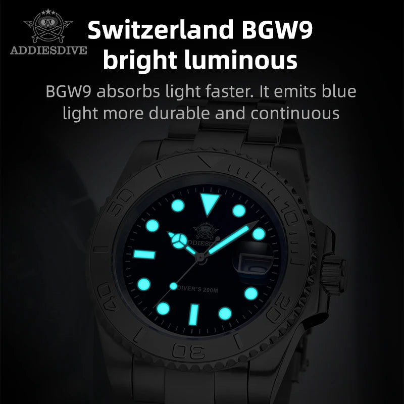 ADDIESDIVE Watch For Men Top Brand 316L Stainless Steel BGW9 Blue Luminous 20Bar Waterproof Fashion Quartz Wristwatches Gifts