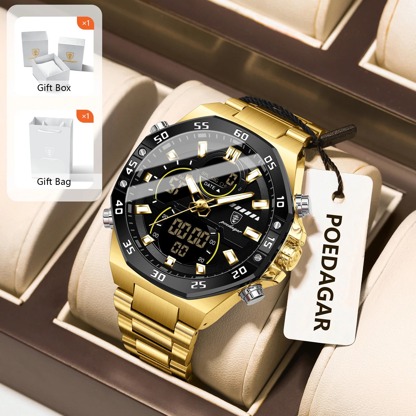 POEDAGAR Sport Men Watch LED Waterproof Week Date Digital Wristwatch Stainless Steel Quartz Military Men's Watches with Gift Box