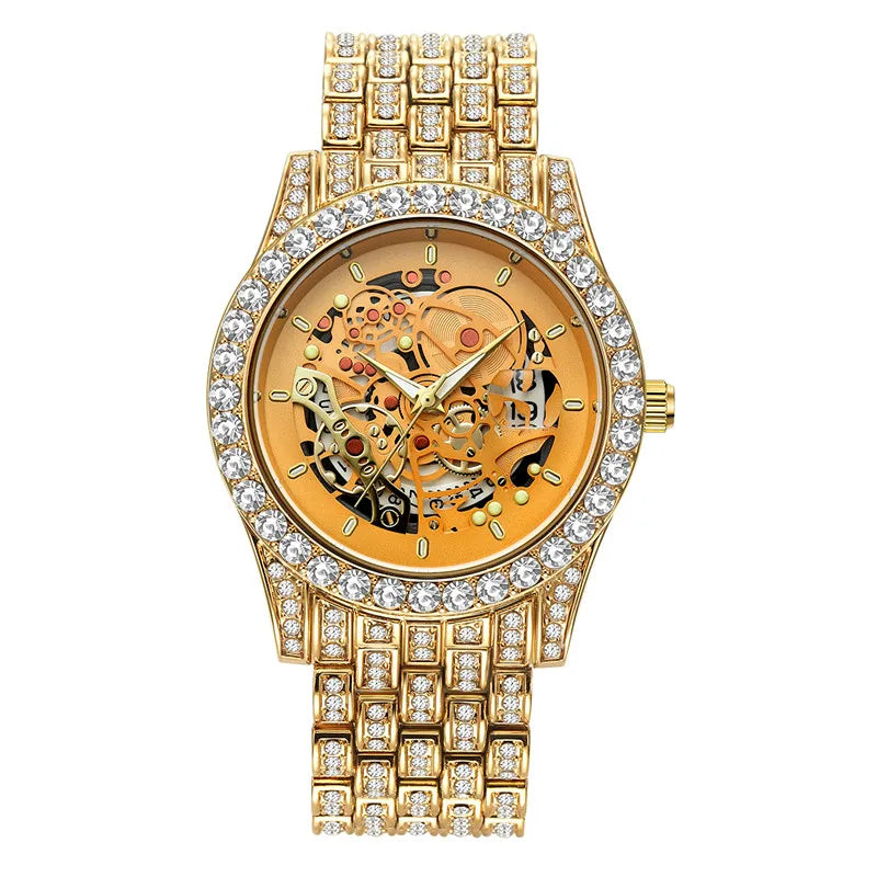 Men Big Brand Skeleton Watches Fashion Alloy Band Luxury Diamond Golden Date Quartz Vintage Watch Montres de Marque de Luxe 2024