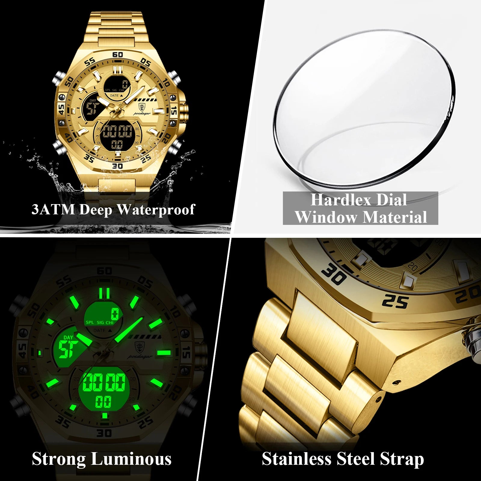 POEDAGAR Sport Men Watch LED Waterproof Week Date Digital Wristwatch Stainless Steel Quartz Military Men's Watches with Gift Box