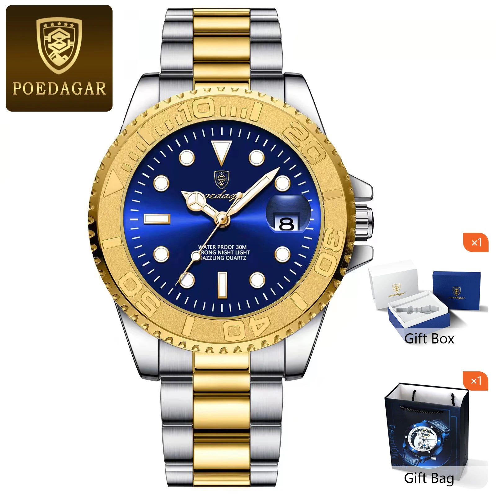 POEDAGAR Fashion Male Watch Luminous Waterproof Stainless Steel Men Wristwatch Date Business Quartz Men's Watches with Gift Box