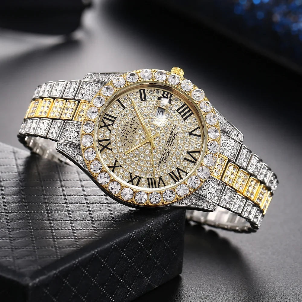 New Men Watch Full AAA Rhinestone Around Luxury Quartz Watches Round Clock Wrist Watch Gift for Boyfriend Sparkling Wristwatches