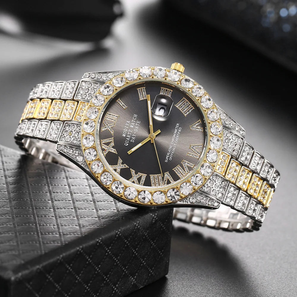 New Men Watch Full AAA Rhinestone Around Luxury Quartz Watches Round Clock Wrist Watch Gift for Boyfriend Sparkling Wristwatches