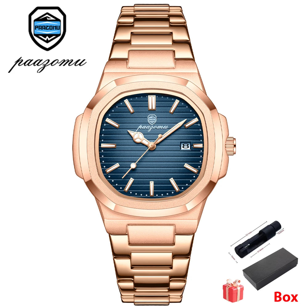 PAAZOMU Casual Quartz Man Wristwatch Creative Square Steel Date Chronograph Men's Watch Sports Waterproof Luminous Watch For Men