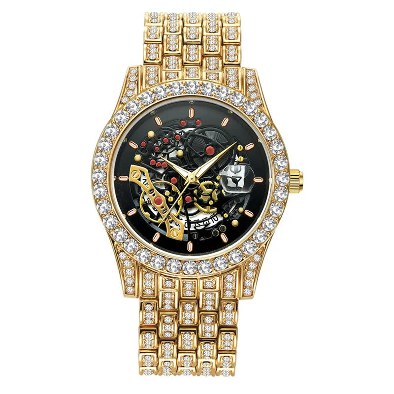 Men Big Brand Skeleton Watches Fashion Alloy Band Luxury Diamond Golden Date Quartz Vintage Watch Montres de Marque de Luxe 2024