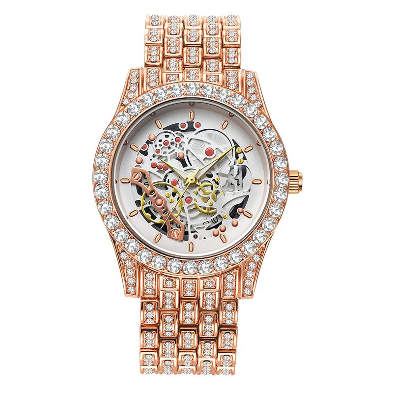 Men Big Brand Skeleton Watches Fashion Alloy Band Luxury Diamond Golden Date Quartz Vintage Watch Montres de Marque de Luxe 2024