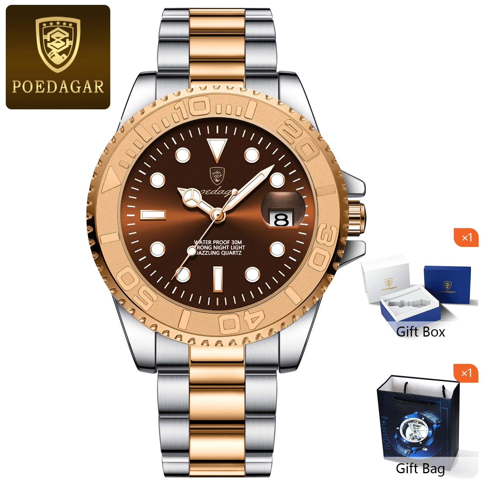 POEDAGAR Fashion Male Watch Luminous Waterproof Stainless Steel Men Wristwatch Date Business Quartz Men's Watches with Gift Box