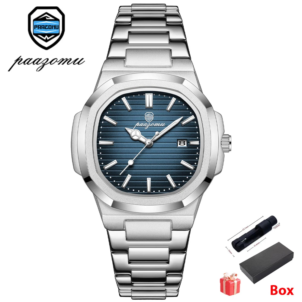 PAAZOMU Casual Quartz Man Wristwatch Creative Square Steel Date Chronograph Men's Watch Sports Waterproof Luminous Watch For Men