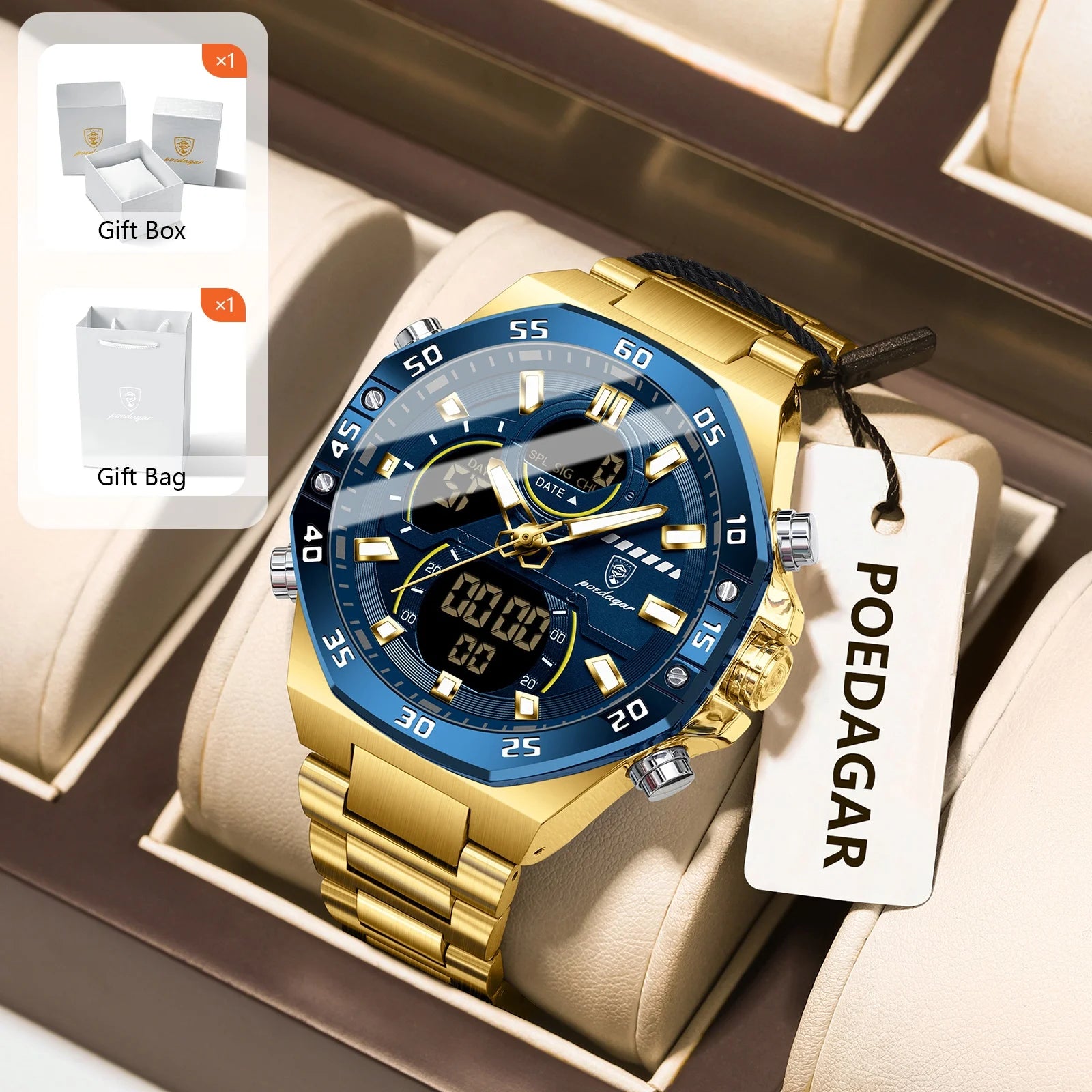 POEDAGAR Sport Men Watch LED Waterproof Week Date Digital Wristwatch Stainless Steel Quartz Military Men's Watches with Gift Box