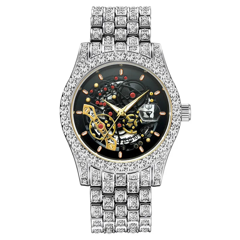 Men Big Brand Skeleton Watches Fashion Alloy Band Luxury Diamond Golden Date Quartz Vintage Watch Montres de Marque de Luxe 2024