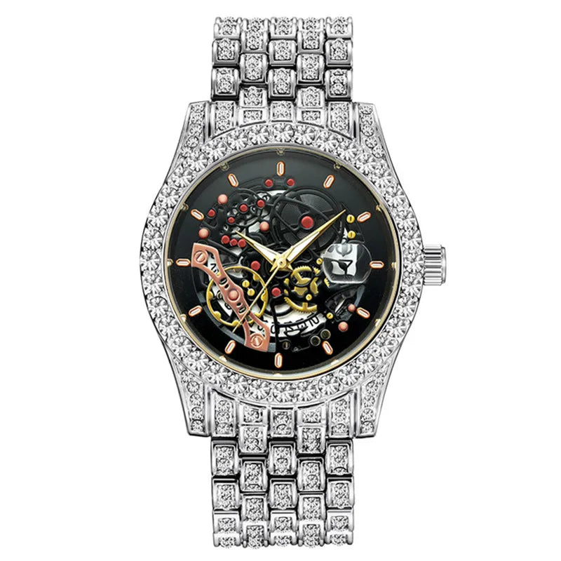 Men Big Brand Skeleton Watches Fashion Alloy Band Luxury Diamond Golden Date Quartz Vintage Watch Montres de Marque de Luxe 2024