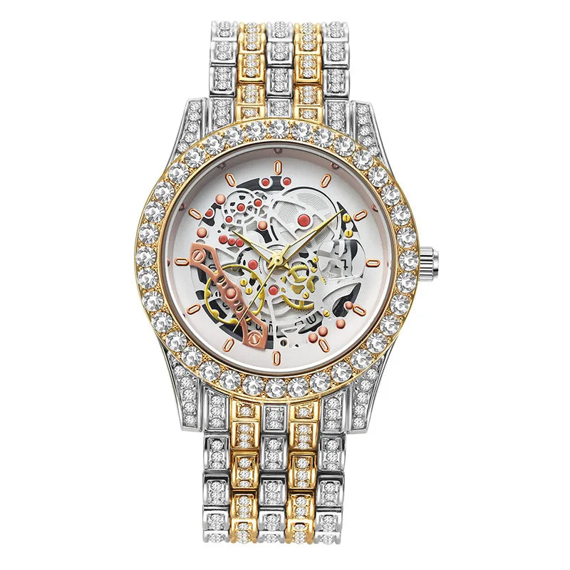 Men Big Brand Skeleton Watches Fashion Alloy Band Luxury Diamond Golden Date Quartz Vintage Watch Montres de Marque de Luxe 2024