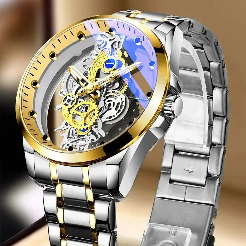 2025 Luxury Business Sliver Skeleton Automatic Mens Watches High-level Stainless Steel Casual Quartz Wrist Watches for Male