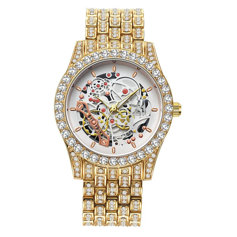 Men Big Brand Skeleton Watches Fashion Alloy Band Luxury Diamond Golden Date Quartz Vintage Watch Montres de Marque de Luxe 2024