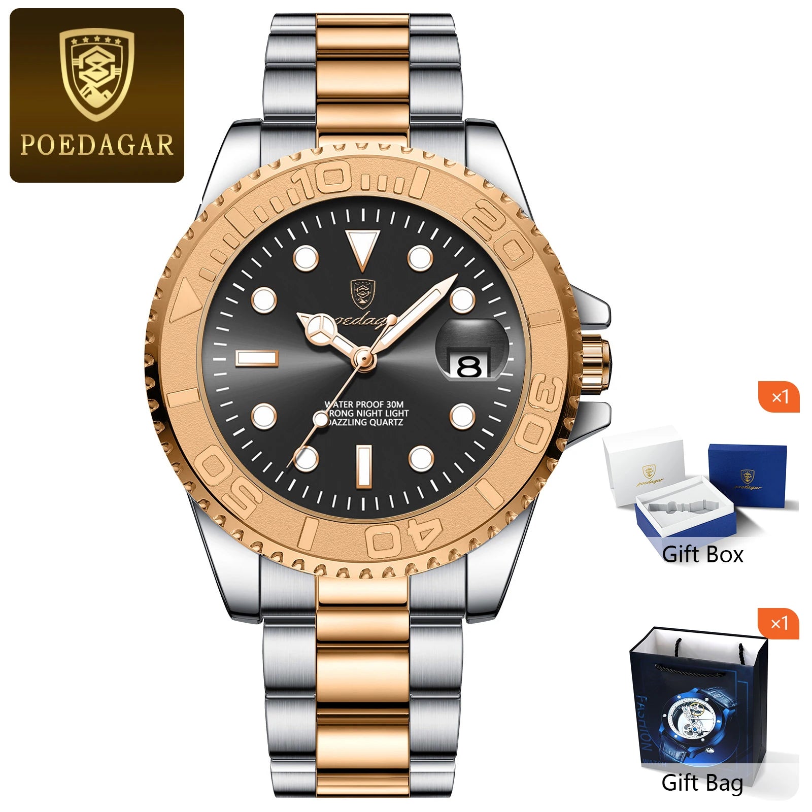 POEDAGAR Fashion Male Watch Luminous Waterproof Stainless Steel Men Wristwatch Date Business Quartz Men's Watches with Gift Box
