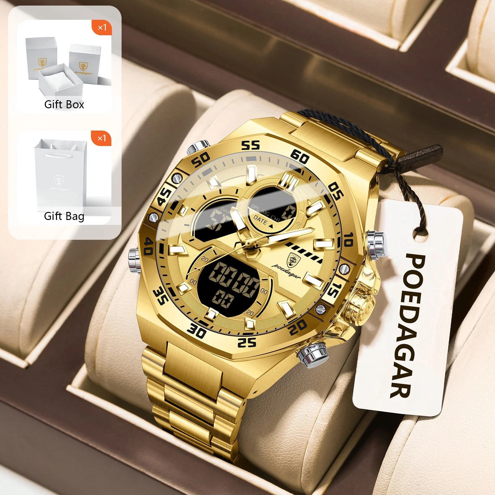 POEDAGAR Sport Men Watch LED Waterproof Week Date Digital Wristwatch Stainless Steel Quartz Military Men's Watches with Gift Box
