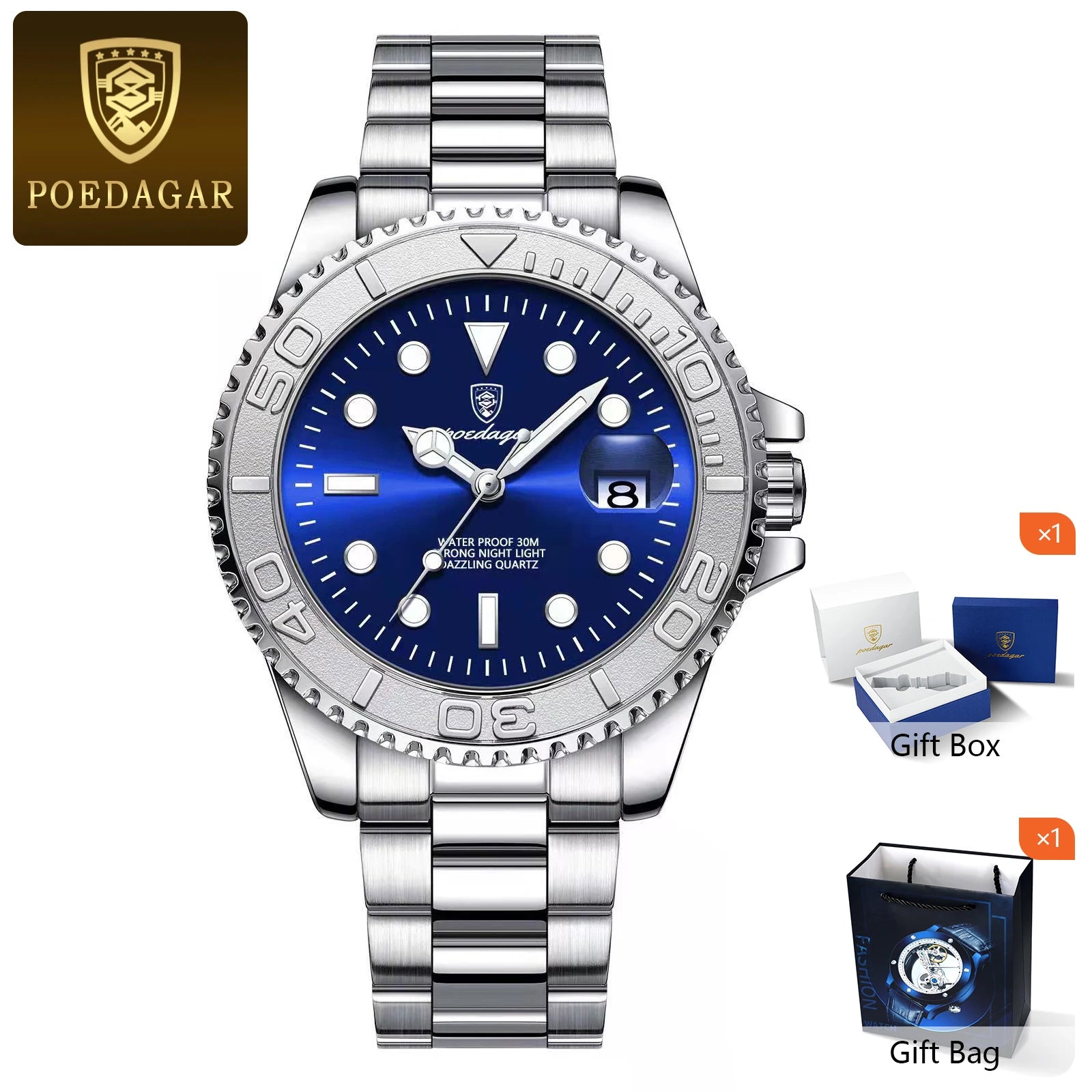 POEDAGAR Fashion Male Watch Luminous Waterproof Stainless Steel Men Wristwatch Date Business Quartz Men's Watches with Gift Box
